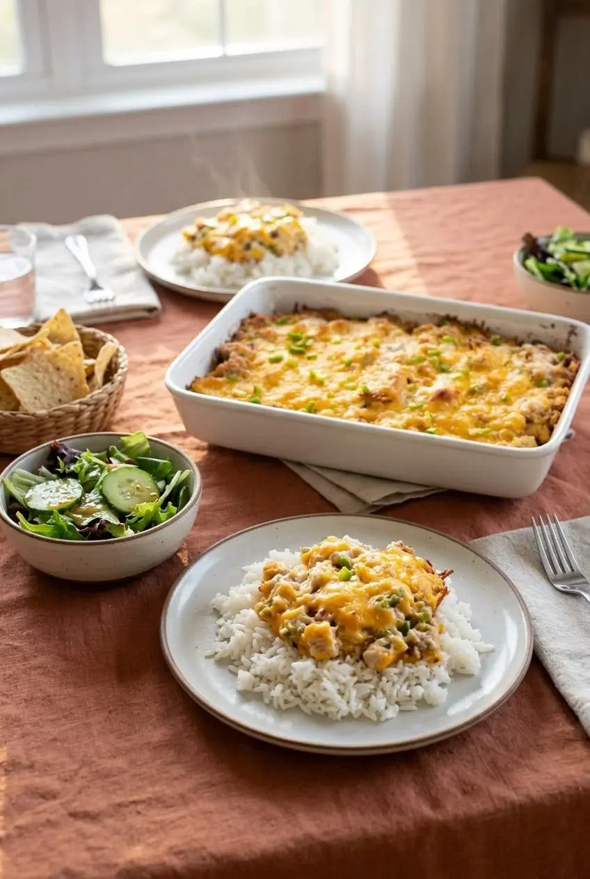 Baked jalapeno popper chicken casserole served over white rice alongside a green salad and a basket of tortilla chips.