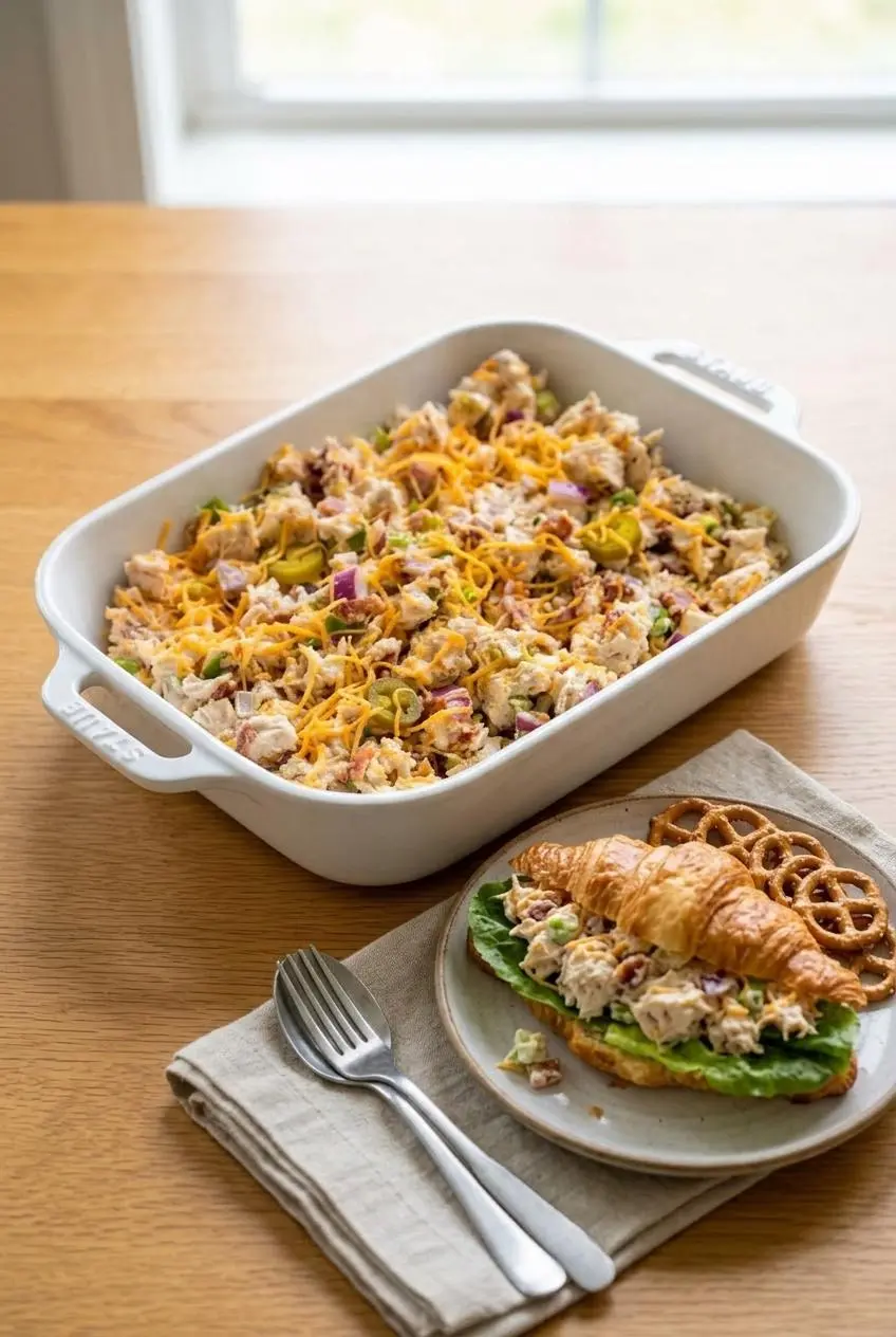 Jalapeno popper chicken salad served on a toasted croissant with romaine lettuce alongside pretzel thins