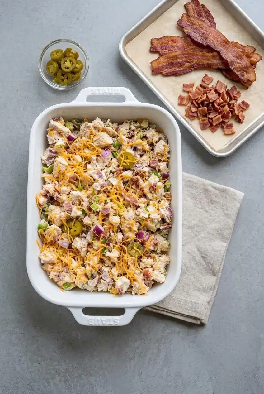 Bowl of chicken salad next to a sheet pan of cooled crispy bacon and a small bowl of drained chopped jalapenos