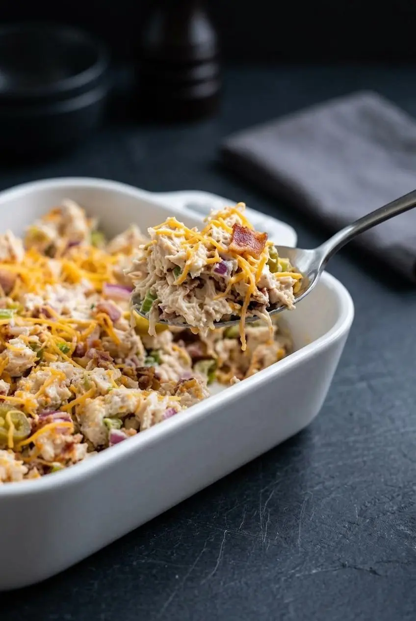 Close-up spoonful of jalapeno popper chicken salad showing creamy dressing, shredded chicken, cheddar, and crisp bacon