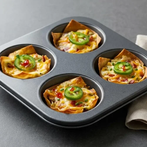 Crisp baked jalapeno popper wonton cups topped with bacon bits, cheese, and sliced peppers.