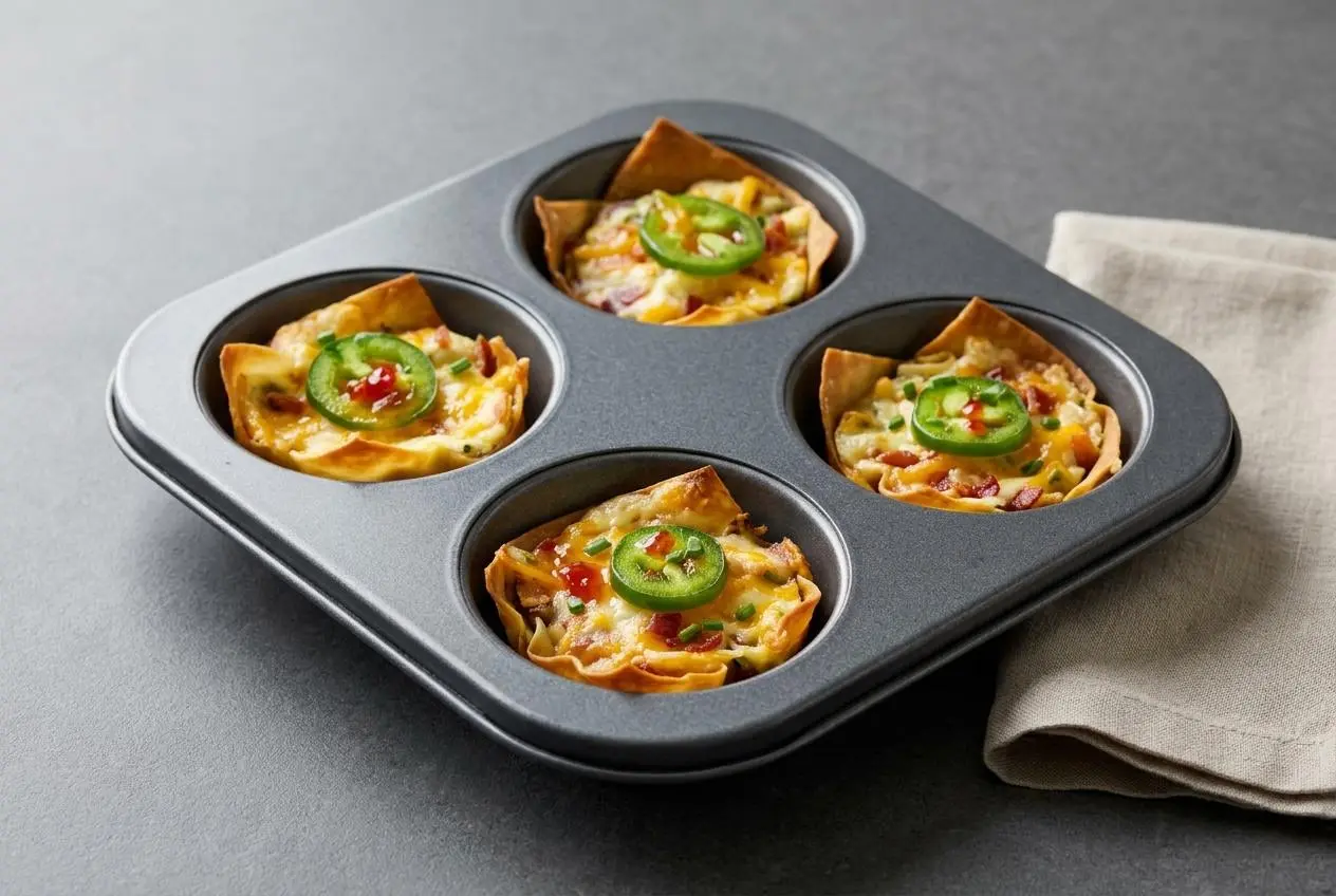 Crisp baked jalapeno popper wonton cups topped with bacon bits, cheese, and sliced peppers.