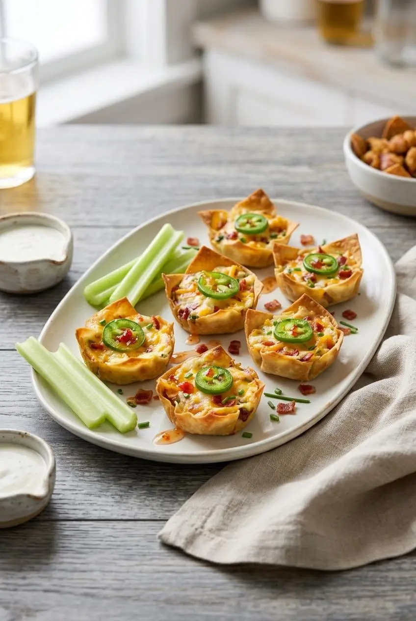 Platter of baked jalapeno popper wontons garnished with sweet chili glaze alongside ranch dip.