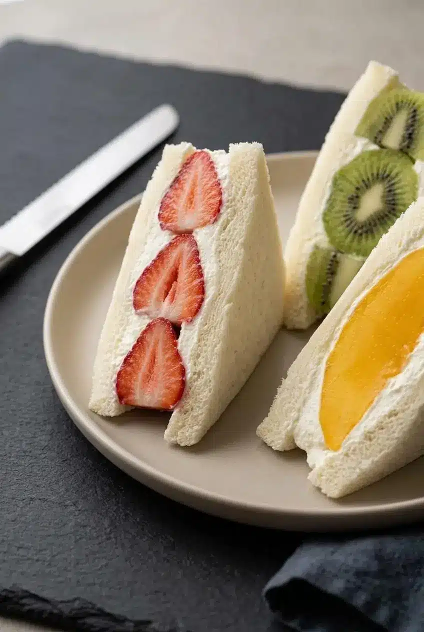 Close-up of a fruit sando cross-section showing soft white shokupan, dense whipped cream without gaps, and clean cut fruit.