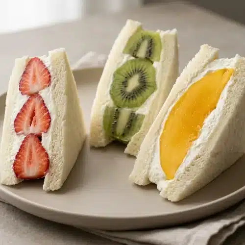 Chilled japanese fruit sandwich cut diagonally to show pillow-soft milk bread, firm whipped cream, strawberries, mango, and kiwi.