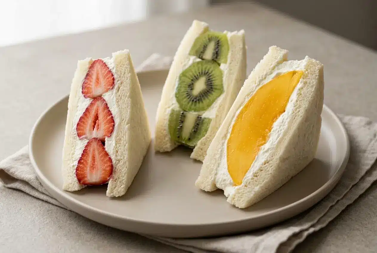 Chilled japanese fruit sandwich cut diagonally to show pillow-soft milk bread, firm whipped cream, strawberries, mango, and kiwi.