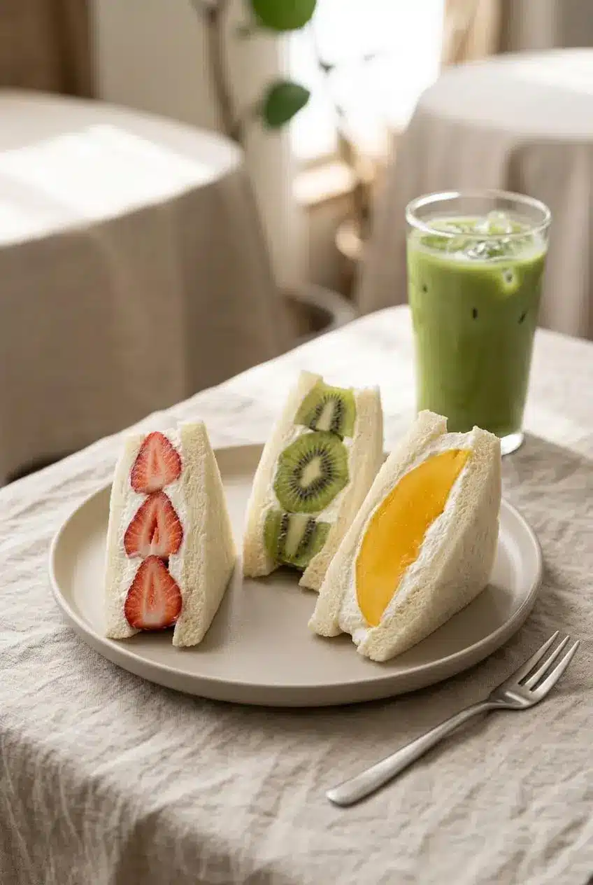 Chilled Japanese fruit sandwich halves on a plate served with unsweetened iced green matcha tea on a linen table.