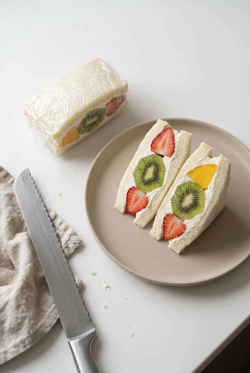 Overhead view of one fruit sandwich wrapped in plastic wrap beside a freshly sliced diagonal half and a serrated knife.