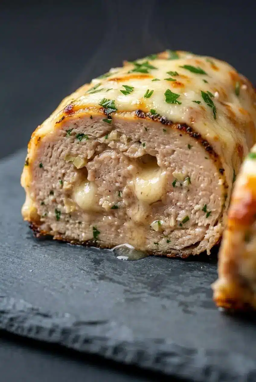Tender slice of chicken meatloaf showing a moist interior with melted cheese pockets on a dark slate board.