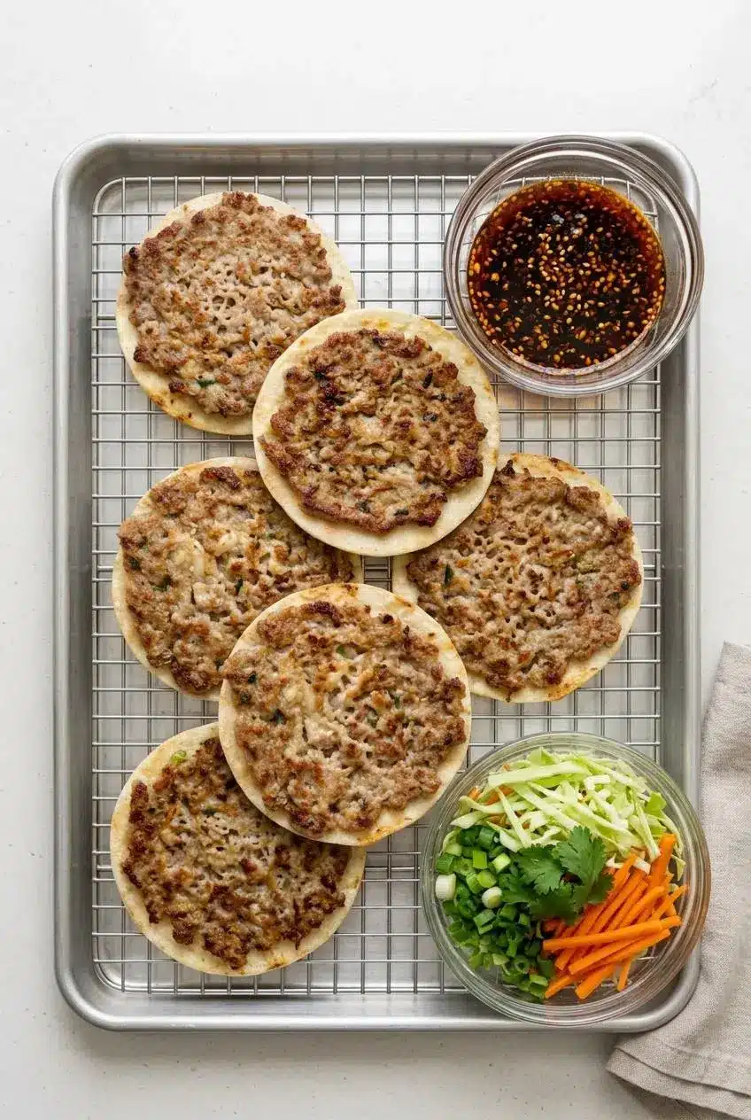 Overhead view of cooked pork smash tacos in a single layer on a wire cooling rack with a bowl of fresh vegetable toppings