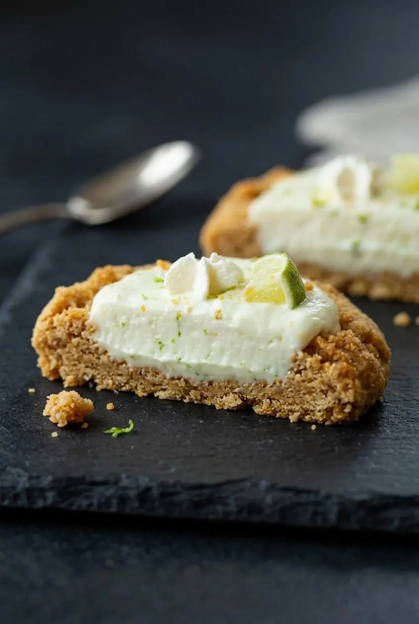 Halved key lime pie cookie showing a thick graham cookie cup with crust chunks and smooth lime zest filling.