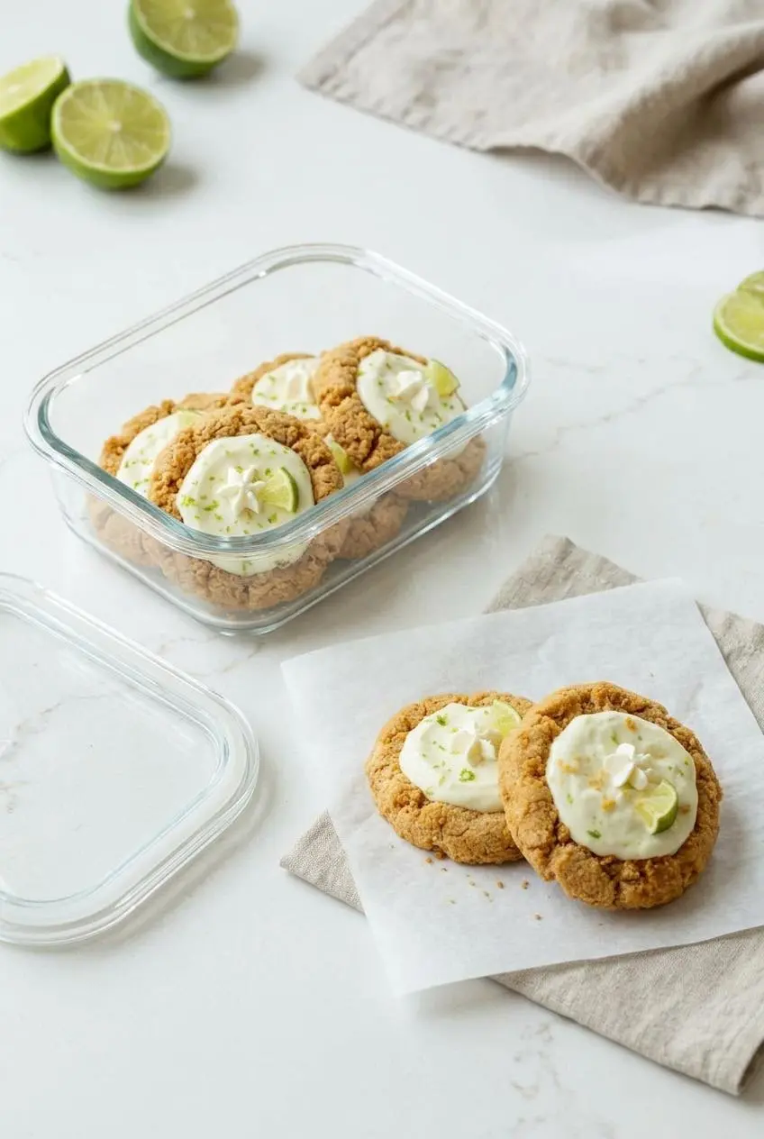 Chilled key lime pie cookies in a single layer inside a clear glass airtight container next to garnished cookies.