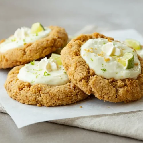Chilled key lime pie cookies in buttery graham cups with silky tart lime filling, piped whipped cream, and lime wedges.
