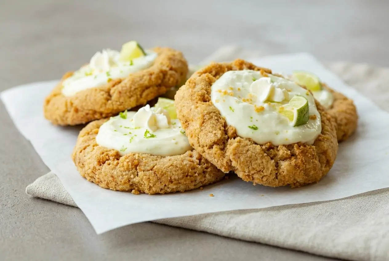Chilled key lime pie cookies in buttery graham cups with silky tart lime filling, piped whipped cream, and lime wedges.