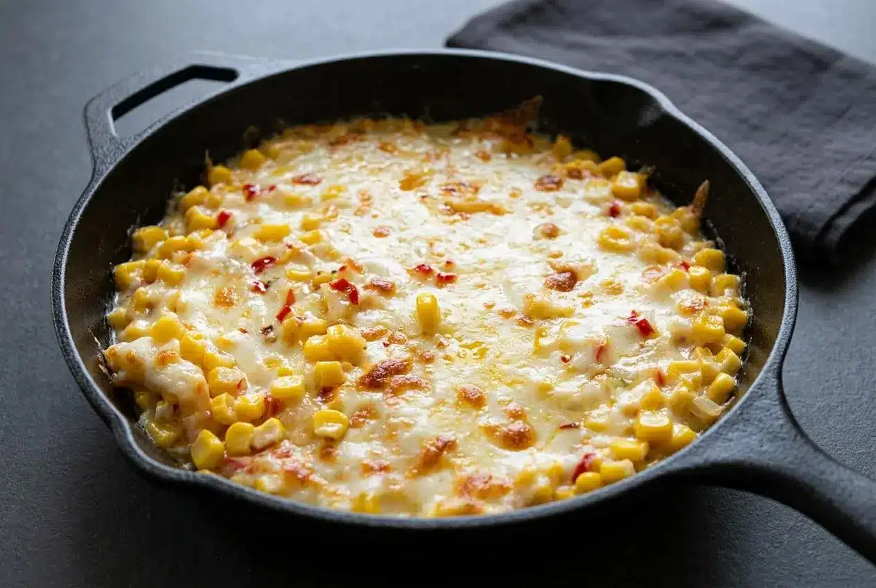 Skillet of korean corn cheese recipe with bubbly golden mozzarella over sweet yellow corn and creamy mayo