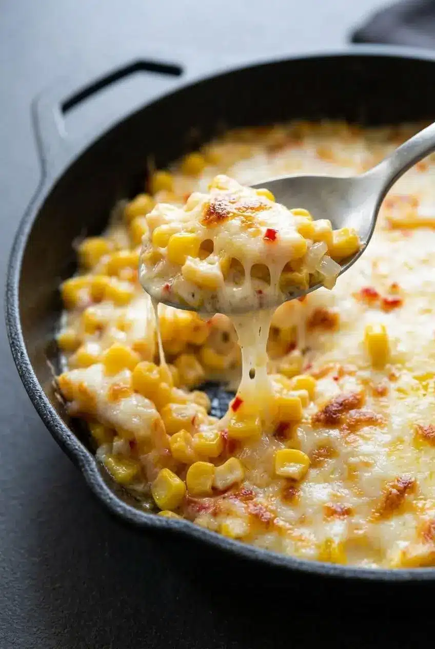 Metal spoon lifting a scoop of creamy Korean corn cheese with stretchy blistered mozzarella and red chili specks