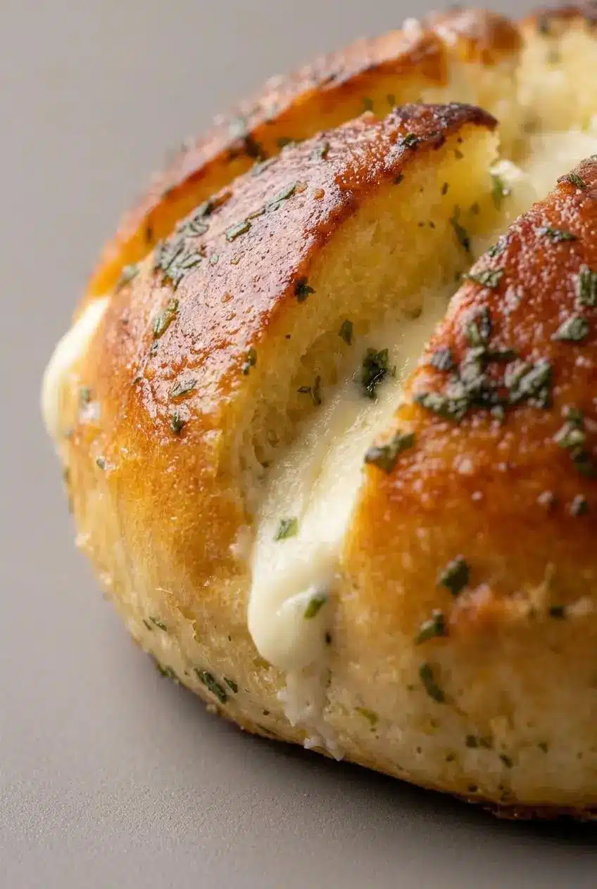 Close-up of velvety cream cheese filling piped deep into cut petals of garlic bread.