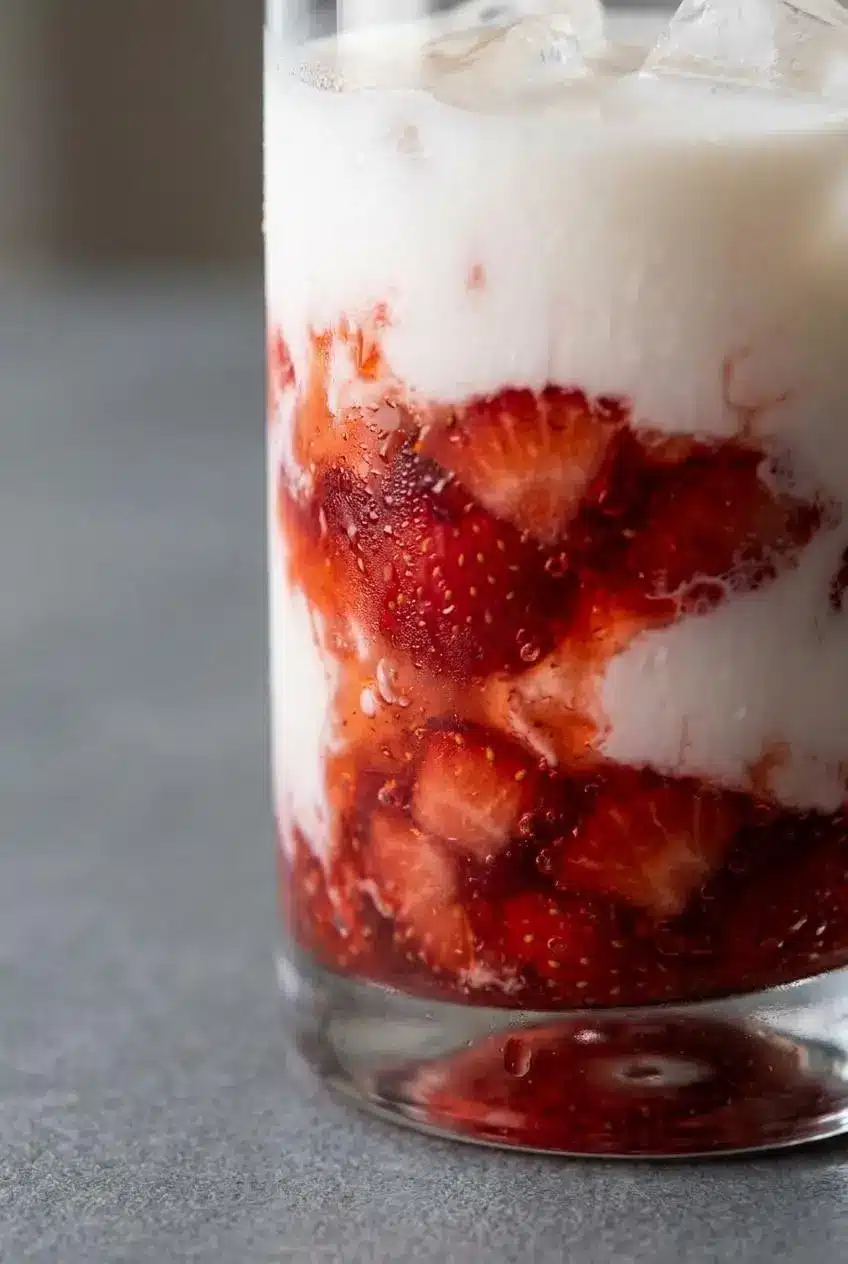 Close-up of thick ruby strawberry compote with tender berry chunks clinging to a glass wall.