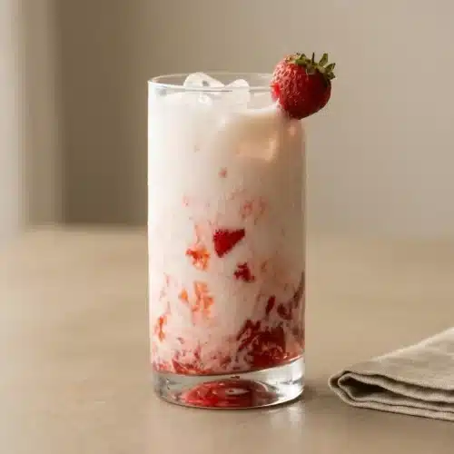 Chilled Korean strawberry milk layered with glossy red strawberry compote swirls and whole milk.