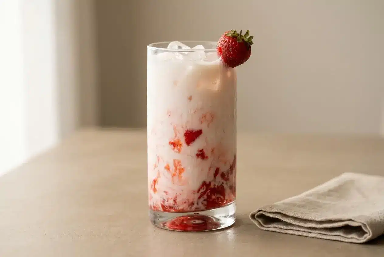 Chilled Korean strawberry milk layered with glossy red strawberry compote swirls and whole milk.