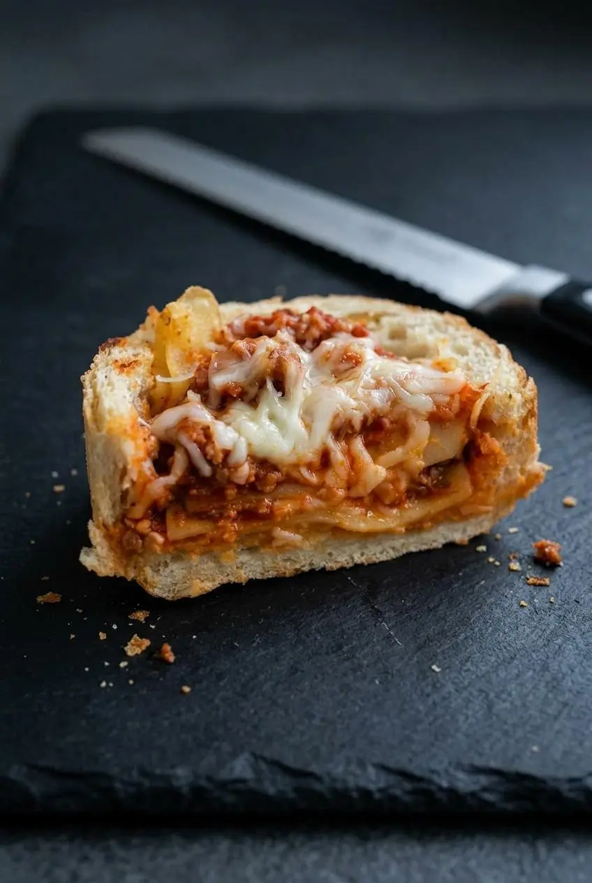 Close-up cross-section slice of lasagna stuffed garlic bread showing a crisp half-inch crust wall and neat noodle layers.