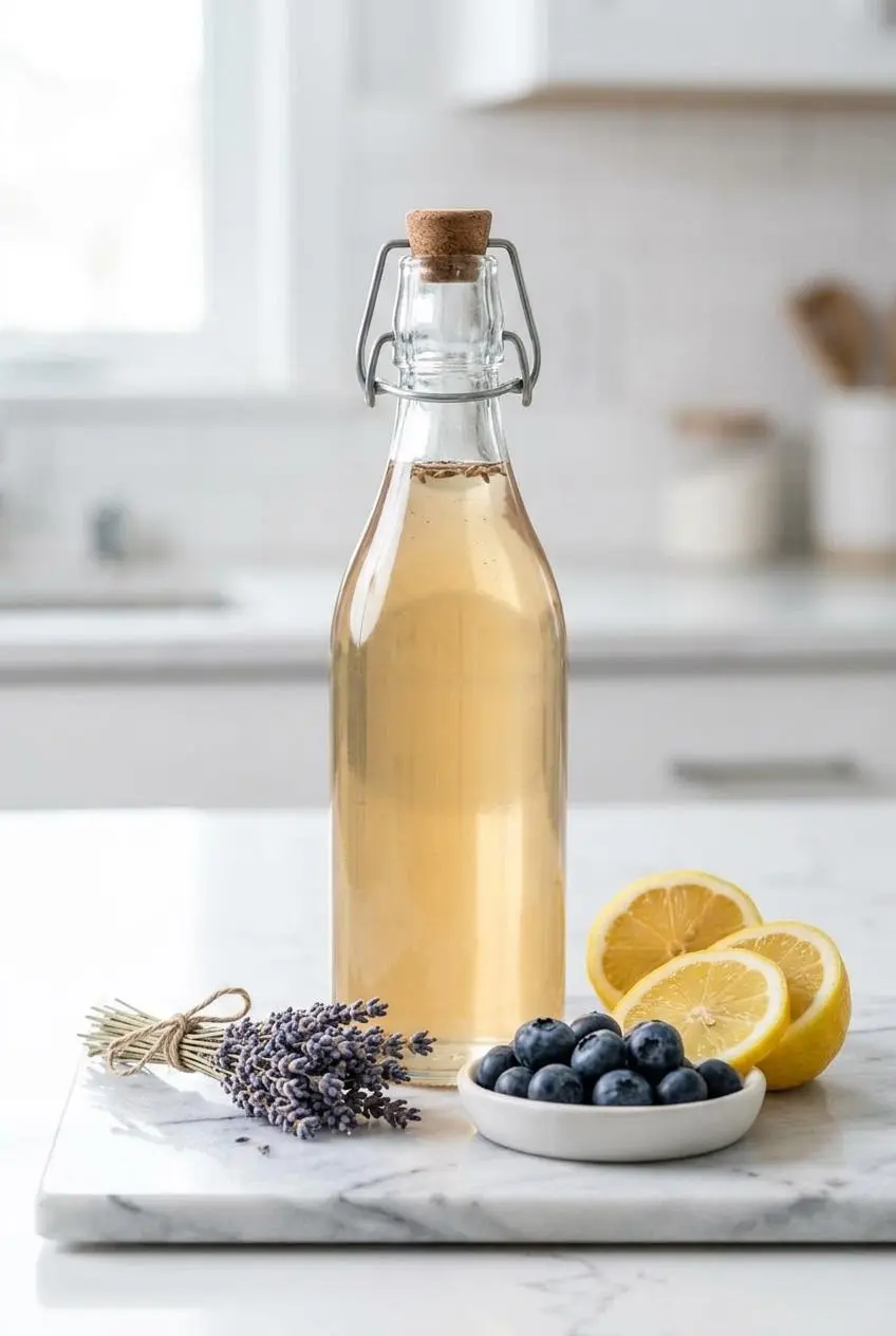 Bottle of strained lavender honey syrup alongside fresh blueberries and lemon quarters for mocktail prep.