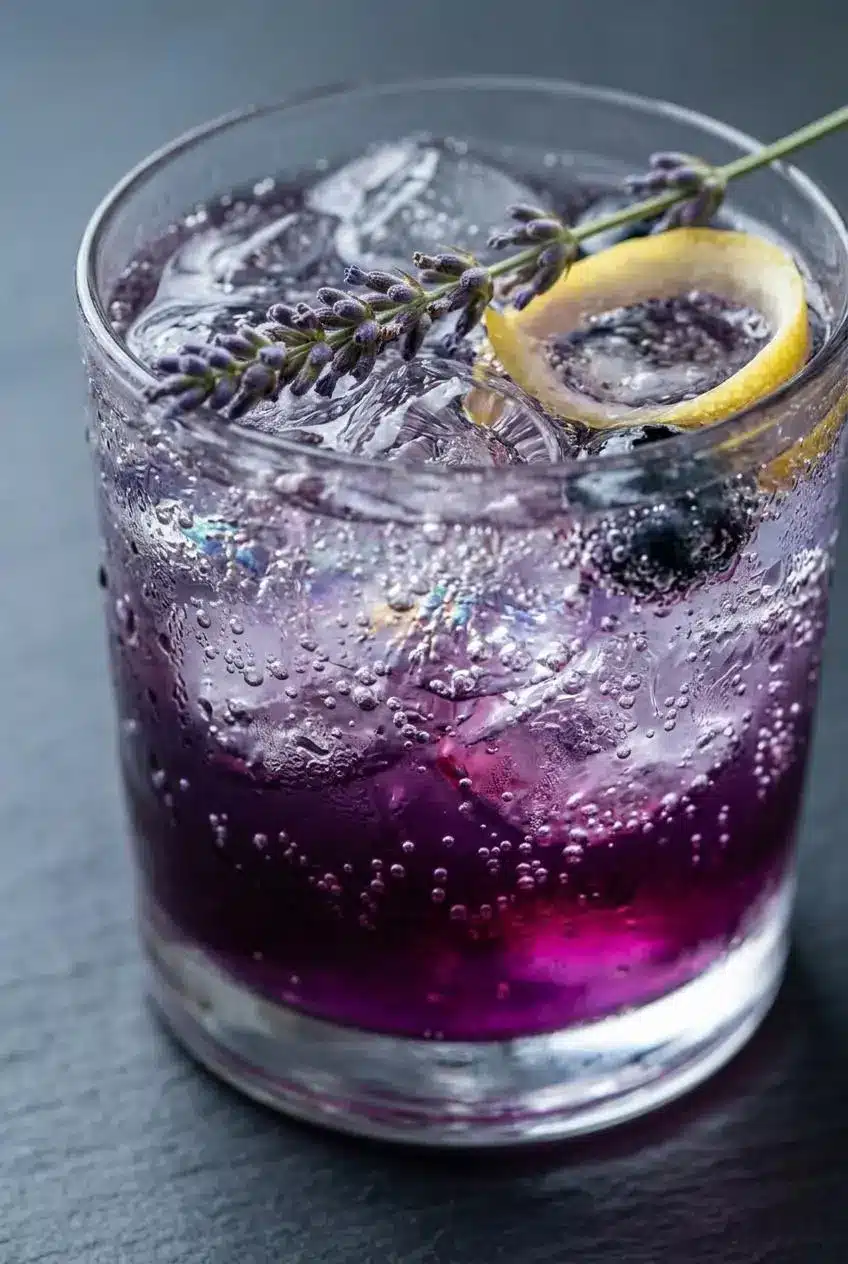 Close-up of sparkling bubbles, crushed ice, and deep purple blueberry tones in a chilled lavender mocktail.