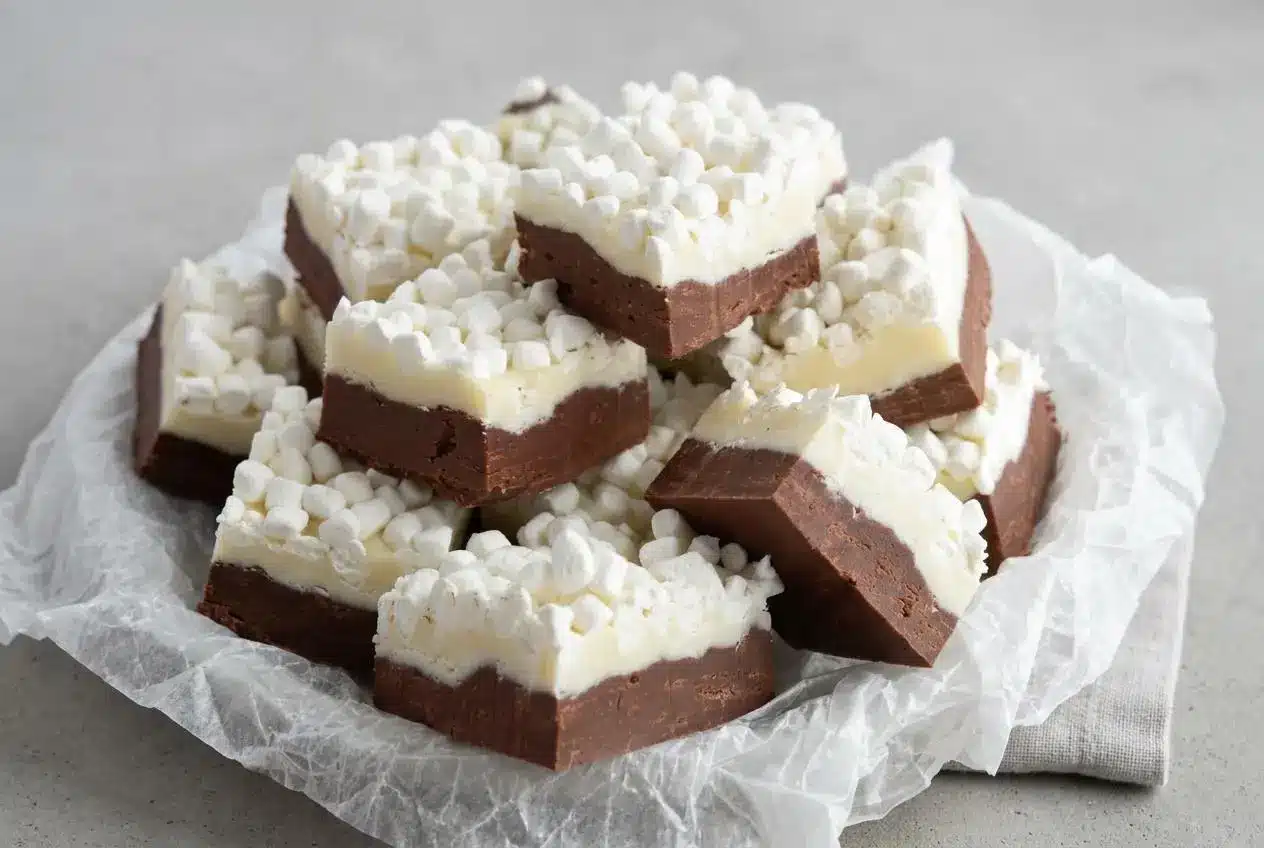 Sliced squares of hot chocolate fudge with a rich dark chocolate base, creamy white chocolate layer, and crunchy mallow bits