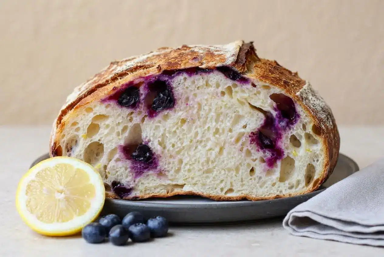 Round artisan lemon blueberry sourdough bread with a deeply golden blistered crust and burst berries