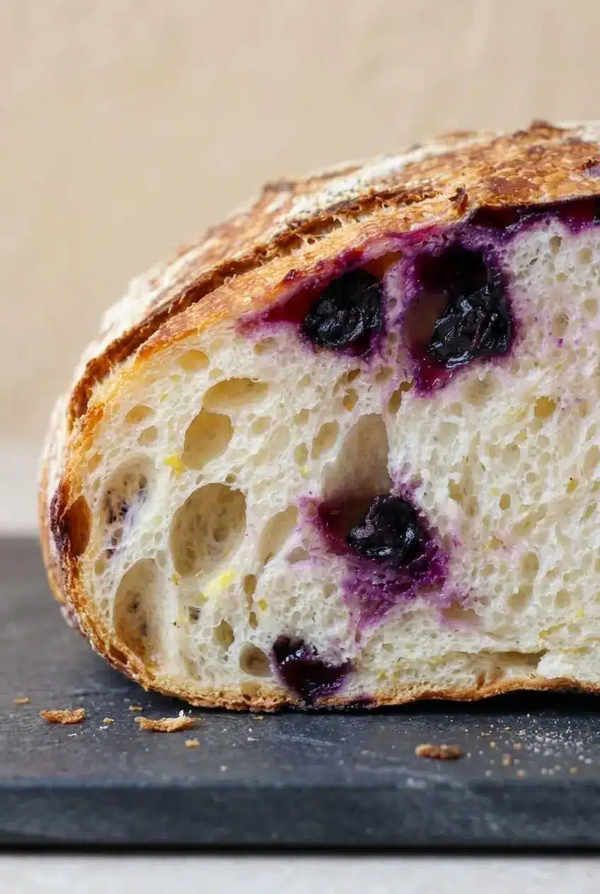 Macro cross section of lemon blueberry sourdough bread showing an open crumb and whole juicy berries
