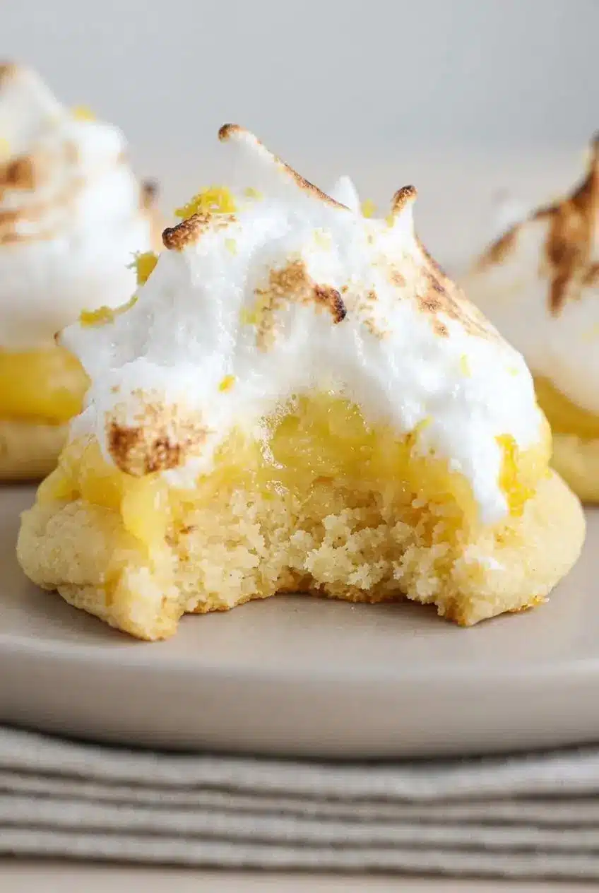 Close-up of caramelized, torched meringue peaks on a lemon meringue cookie.
