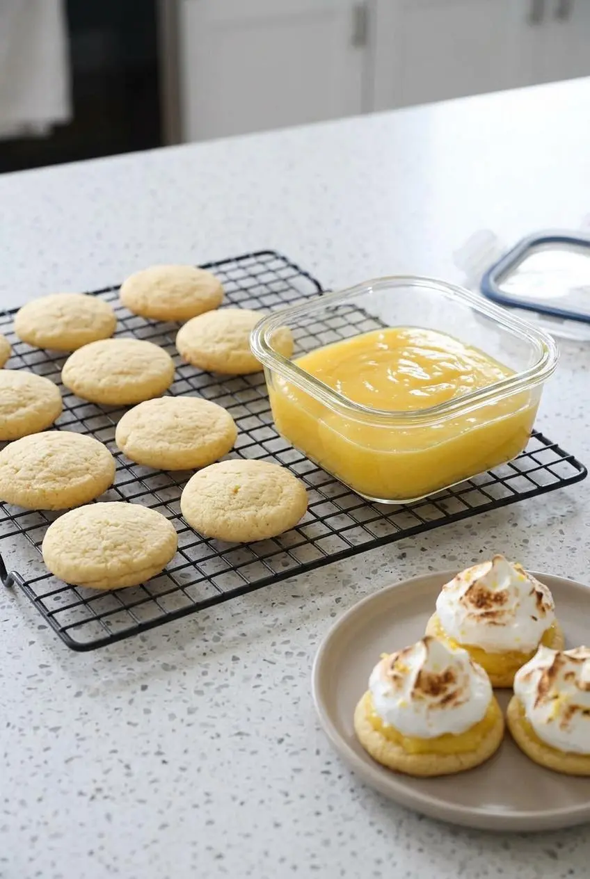 Cooled lemon cookie bases on a wire rack next to a container of lemon curd.