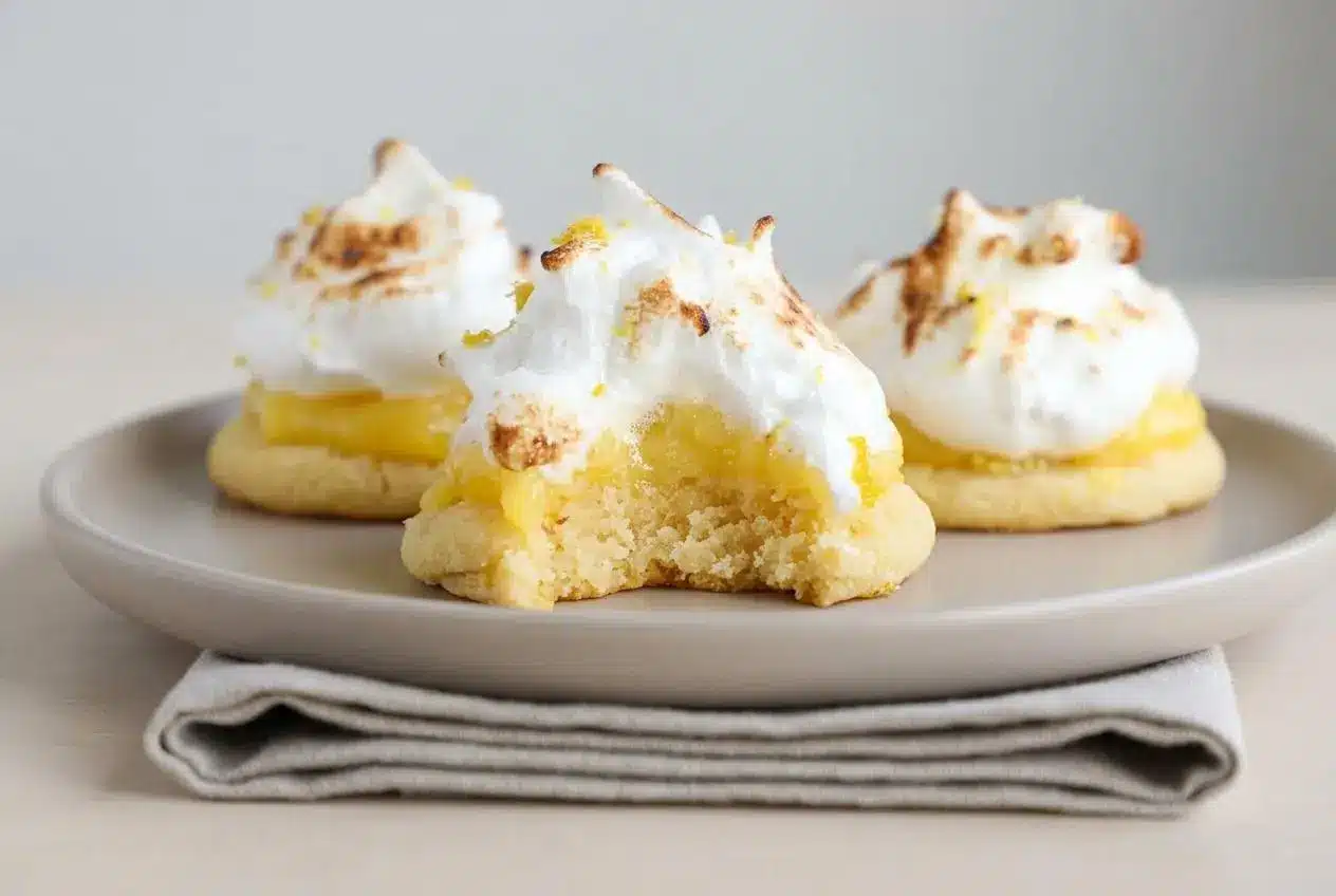 Lemon meringue pie cookies layered with tart citrus curd and toasted meringue peaks.