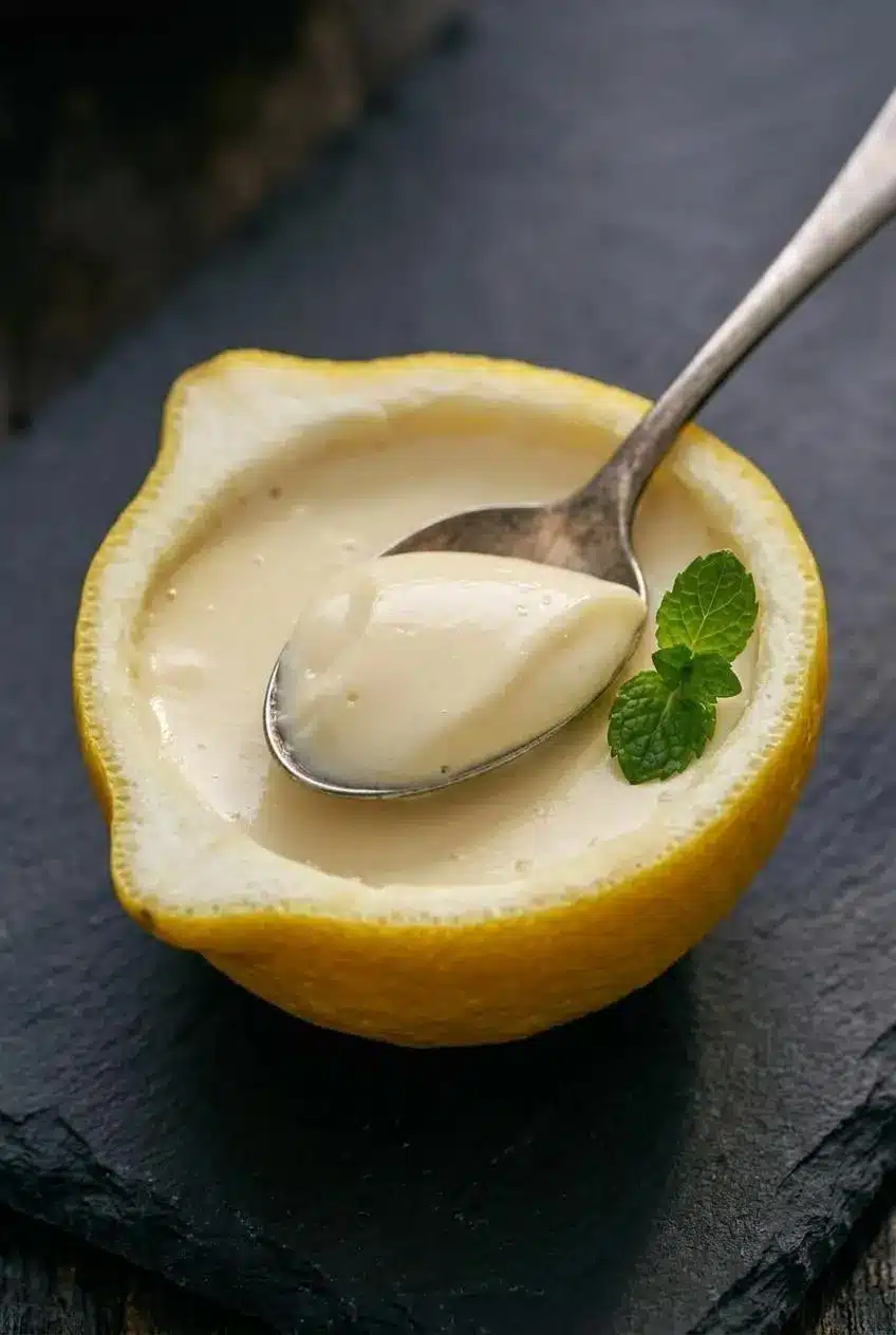 Spoon scooping velvety eggless lemon posset from a lemon shell to show the dense, spoonable custard texture.