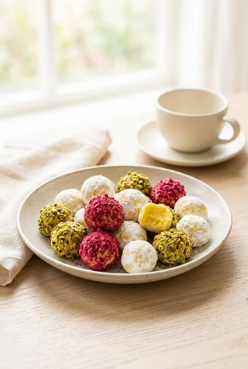 White chocolate lemon truffles coated in powdered sugar, raspberry powder, and pistachios.