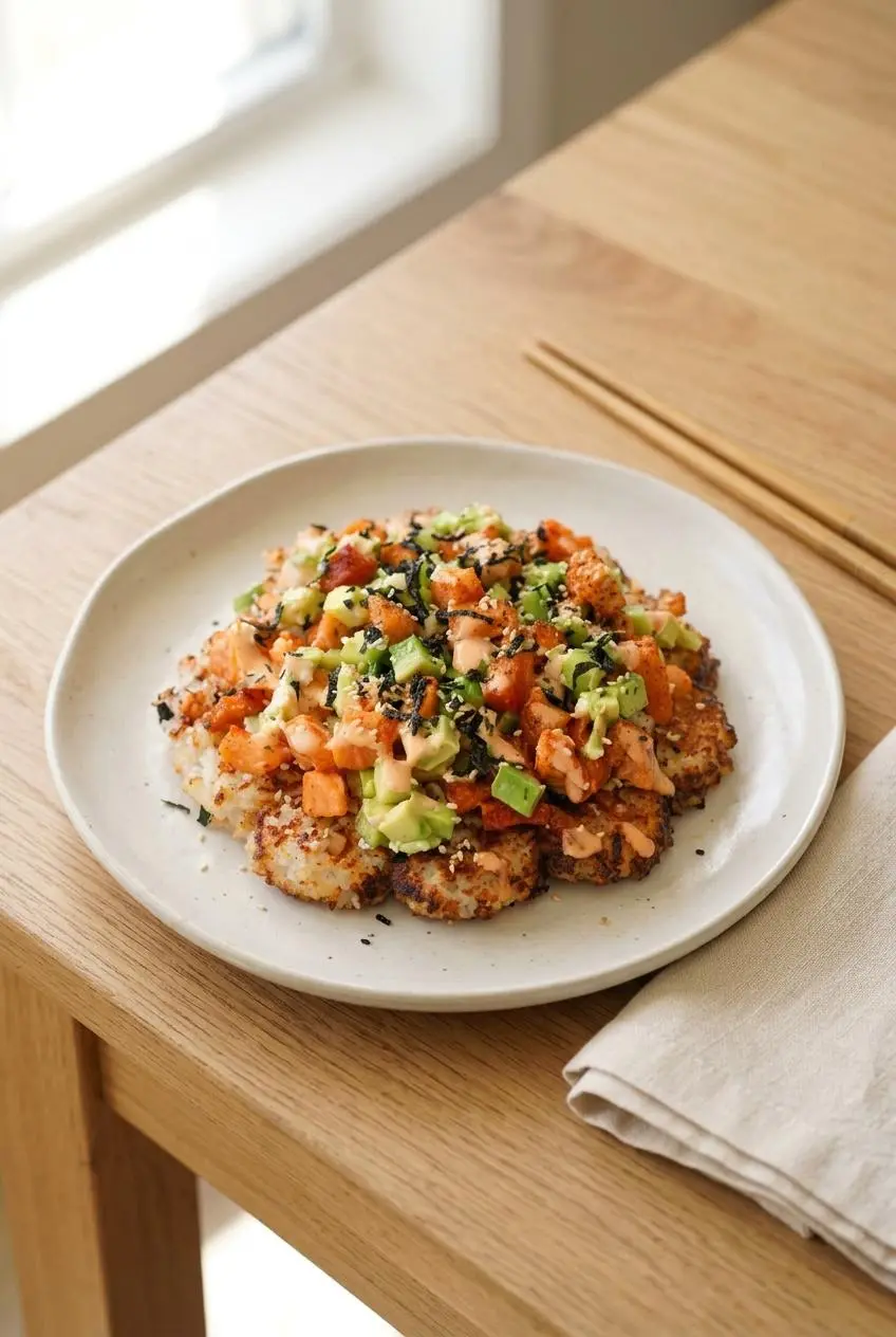 Plated sushi waffle layered with cream cheese, paprika salmon, avocado, cucumber, and spicy mayo.