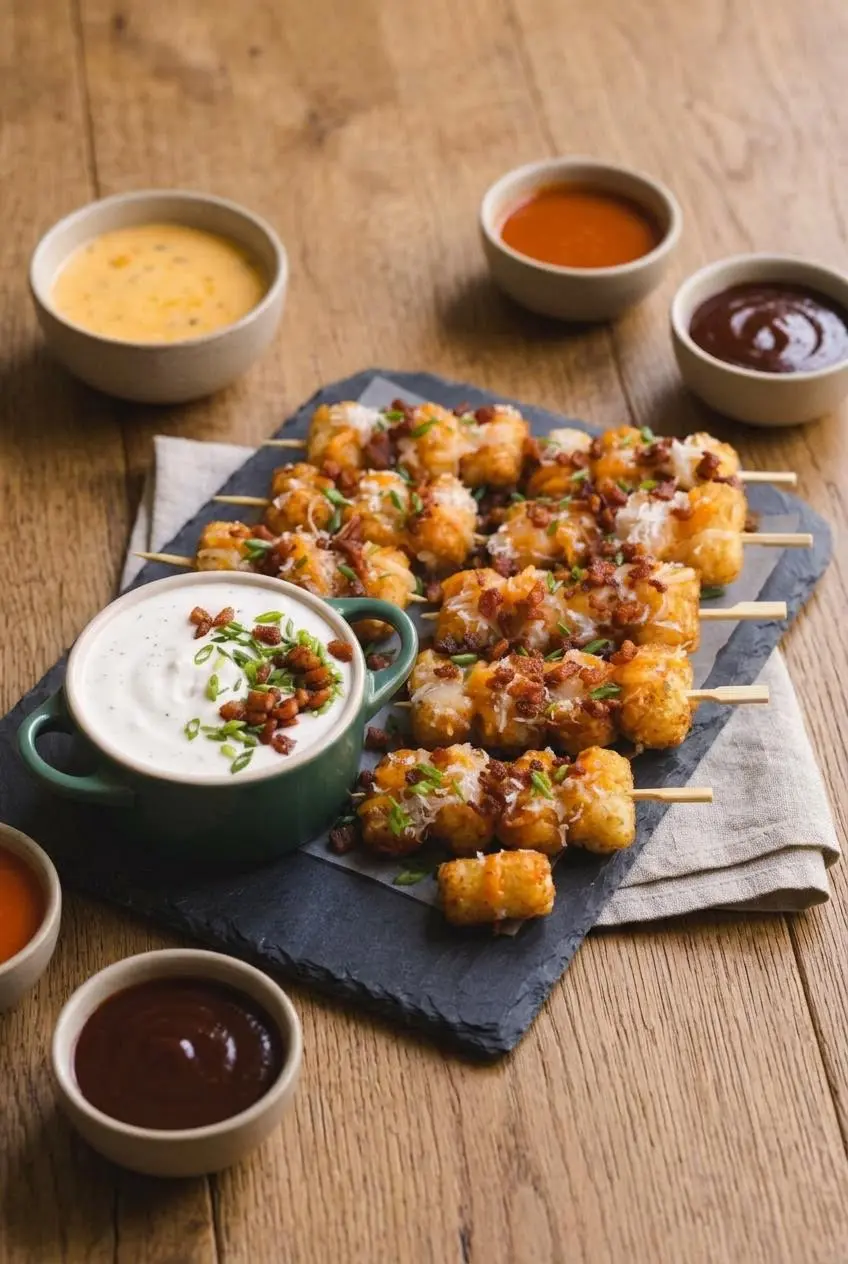 Platter of loaded tater tot skewers on a wooden table with bowls of ranch dip, warm queso, buffalo sauce, and BBQ sauce