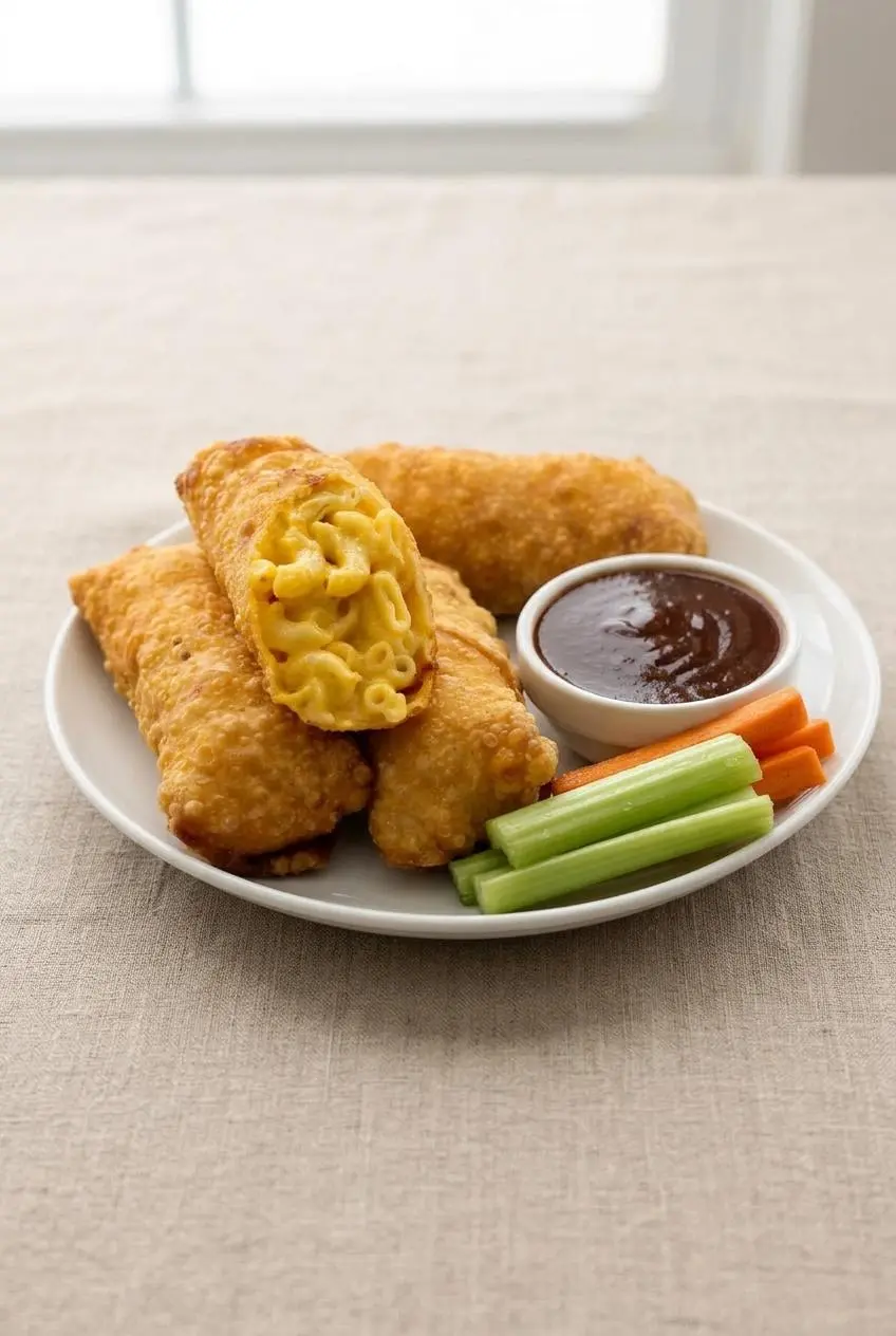 Halved mac and cheese egg rolls served with a bowl of smoky barbecue dipping sauce, celery sticks, and carrot sticks