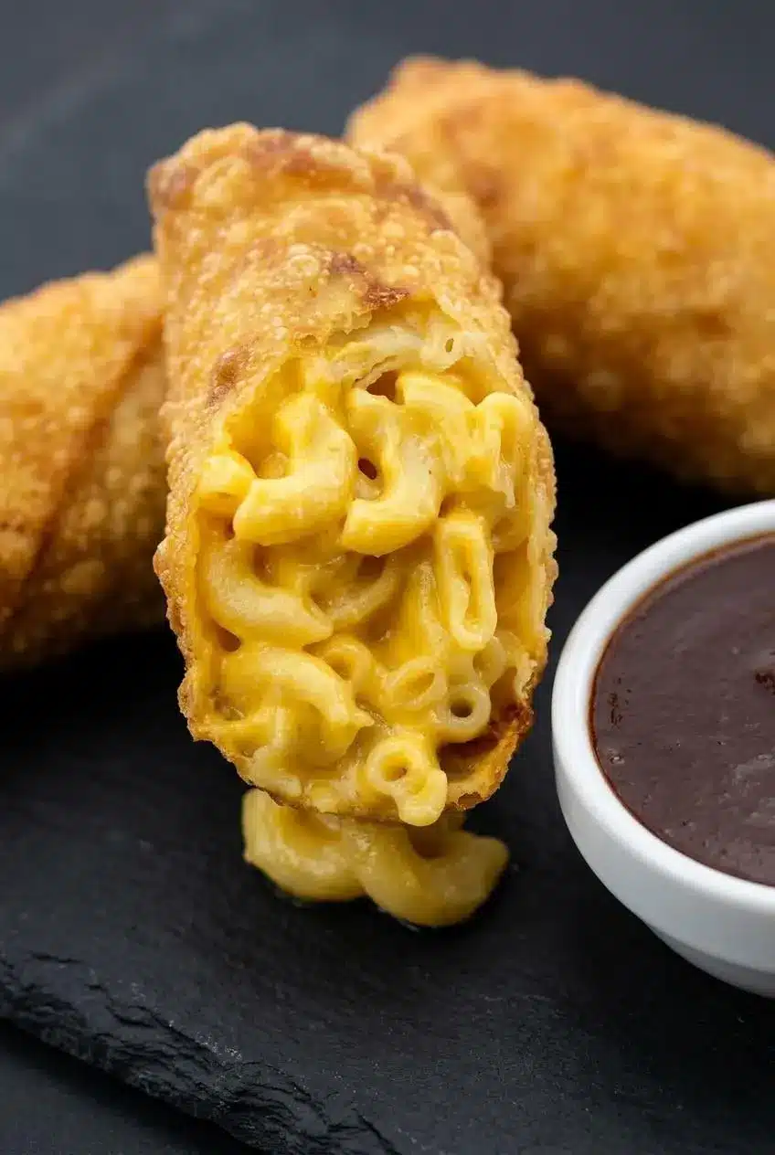Close-up of a fried mac and cheese egg roll broken open to show glossy cheddar macaroni inside a crisp wrapper