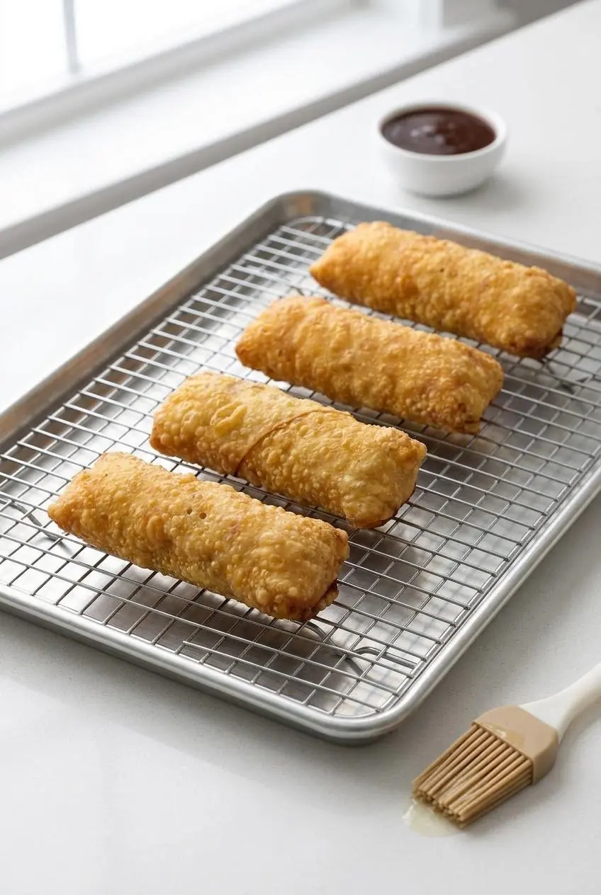 Sealed mac and cheese egg rolls spaced seam-side down on a wire rack over a sheet pan with a silicone pastry brush