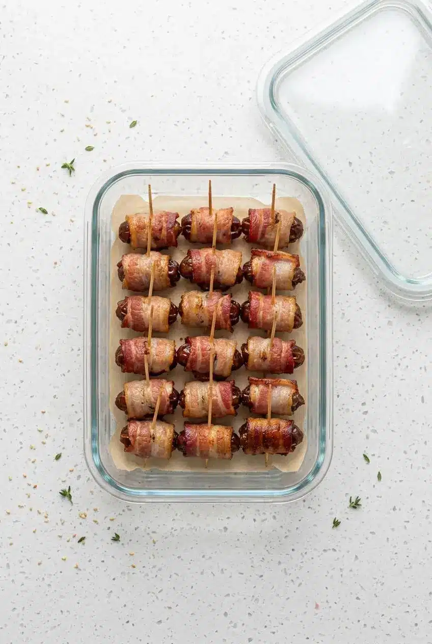 Uncooked bacon wrapped dates arranged in a glass storage container lined with parchment paper.