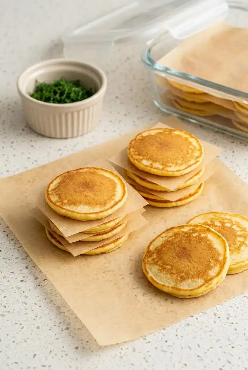 Plain golden blini pancakes cooled and stacked between sheets of parchment paper on a kitchen prep counter.