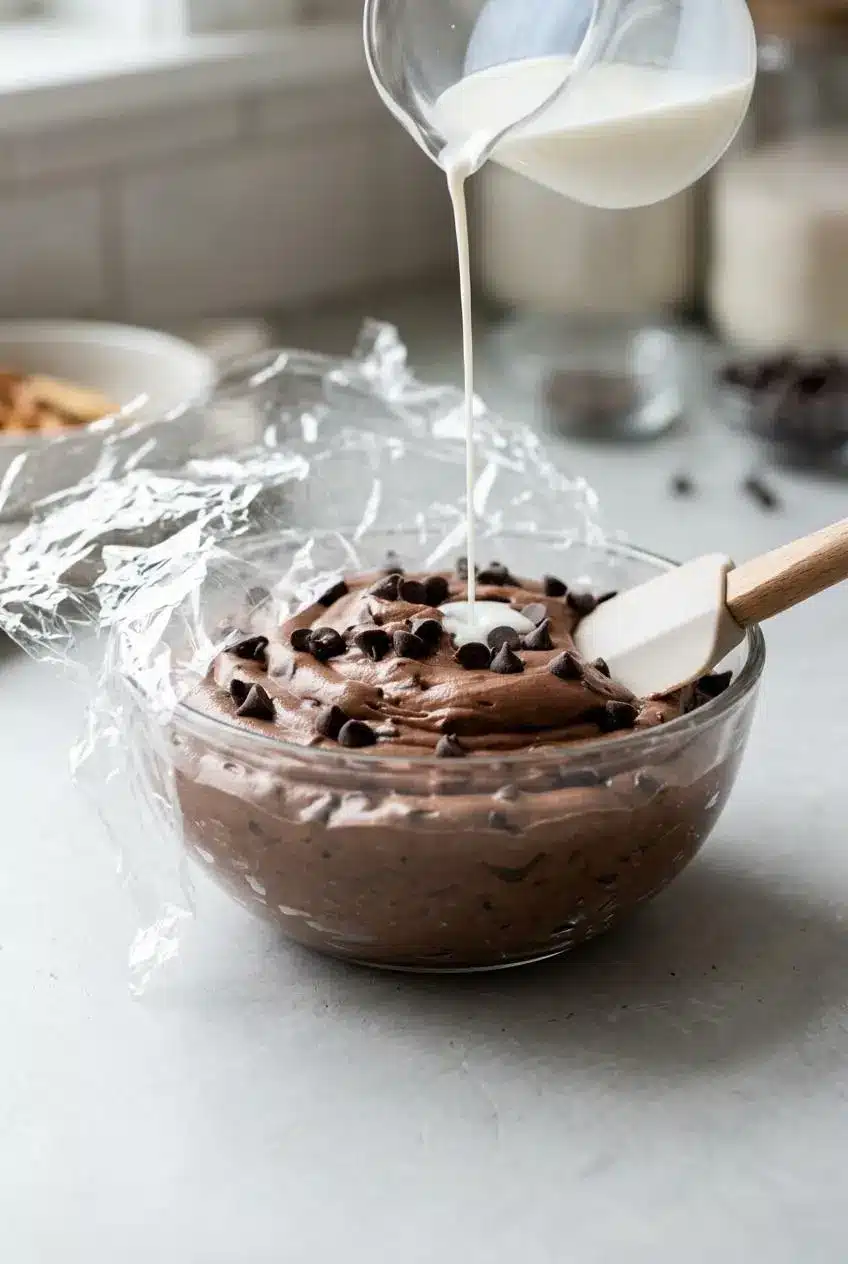 Chilled chocolate dip bowl with plastic wrap pulled back and a splash of milk being poured in
