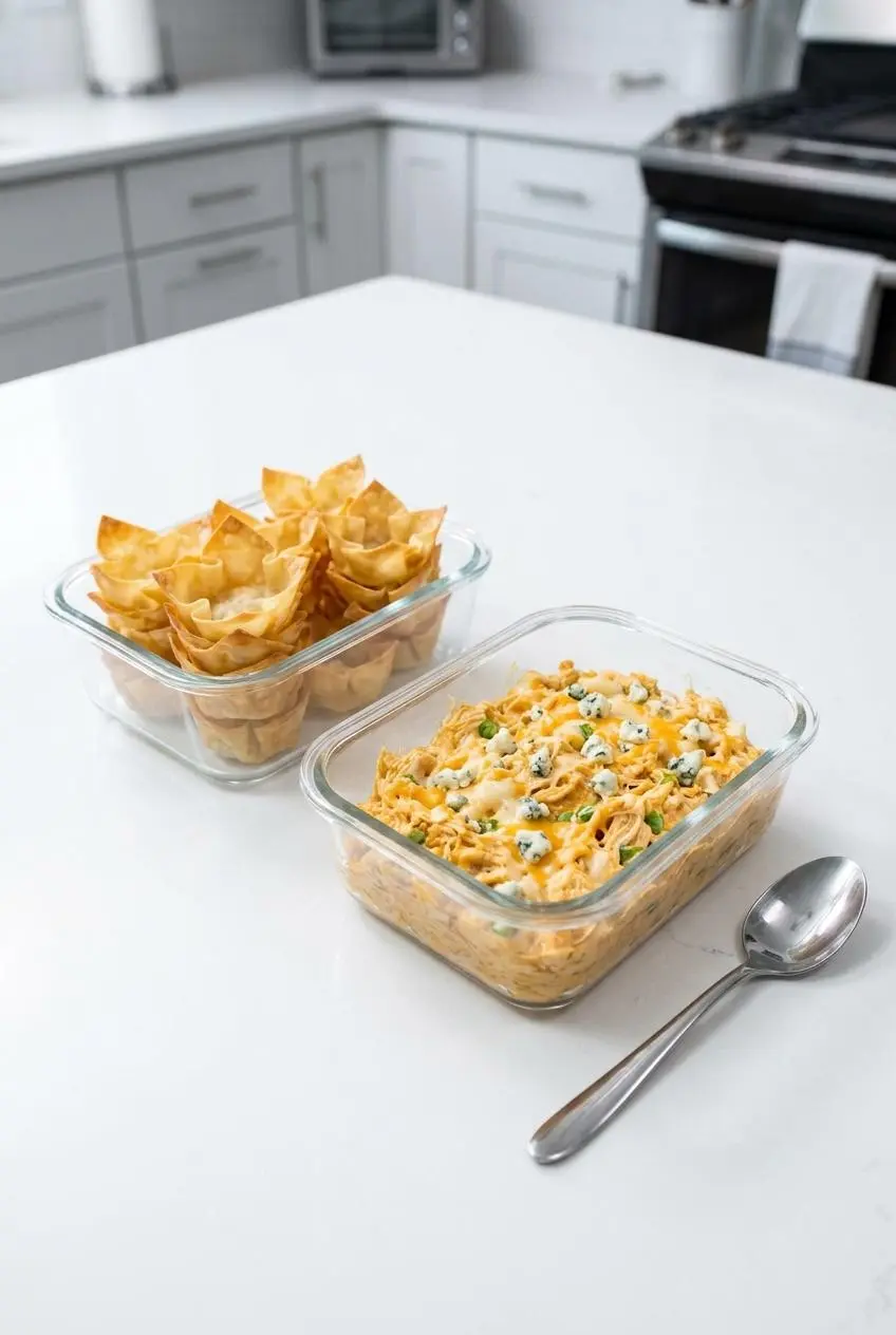 Pre-baked wonton shells and creamy buffalo chicken filling stored in separate clear glass containers on a counter.