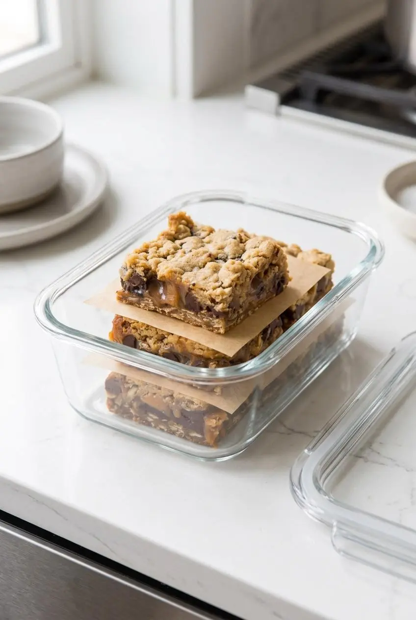 Cut carmelitas stacked in a clear glass storage container separated by sheets of brown parchment paper.