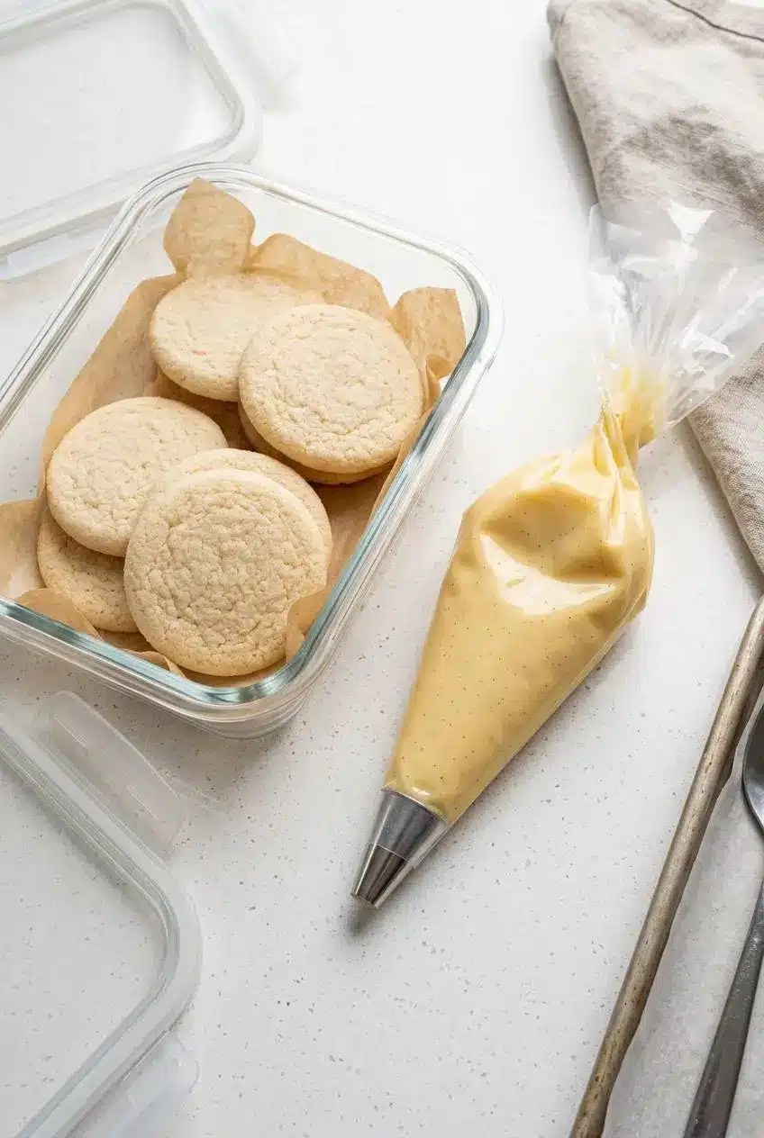 Baked sugar cookie bases stored in an airtight container beside a piping bag of vanilla pastry cream.