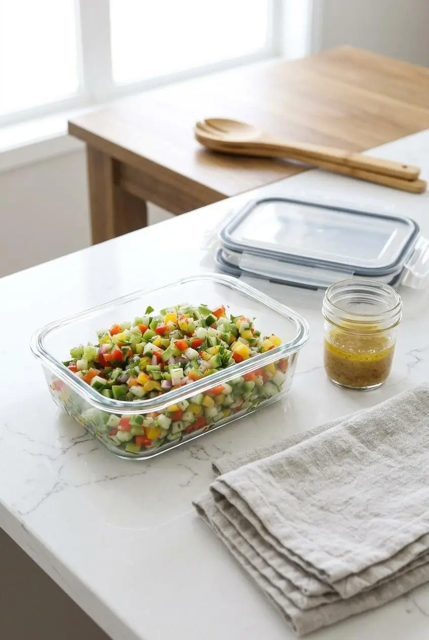 Sliced cucumbers and sweet peppers stored in an airtight glass container next to a separate jar of Dijon dressing.