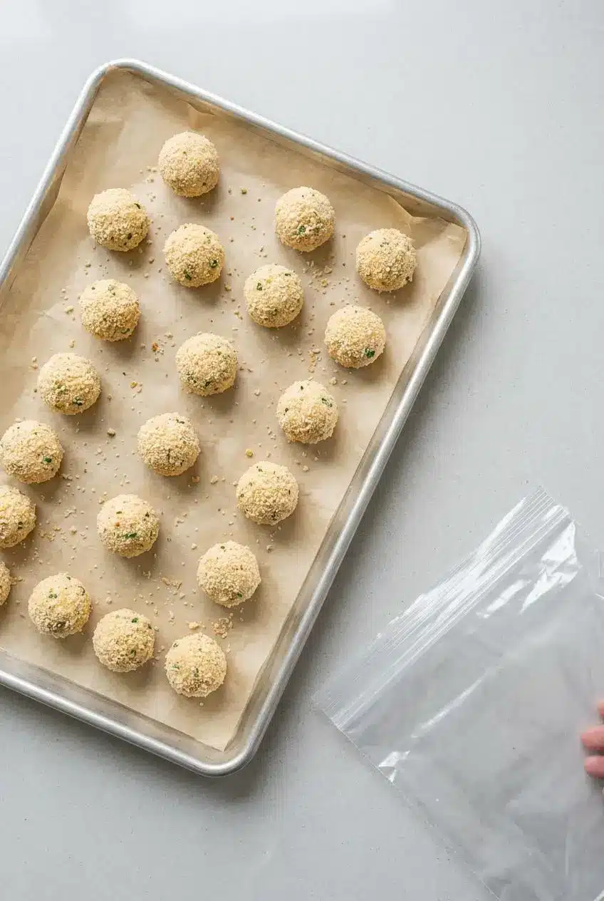 Uncooked breaded Pepper Jack and jalapeno cheese balls spaced in rows on a parchment-lined baking sheet next to a freezer bag.