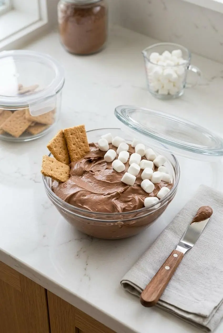 Fluffy chocolate dip stored in an airtight glass container beside a glass lid and spatula.