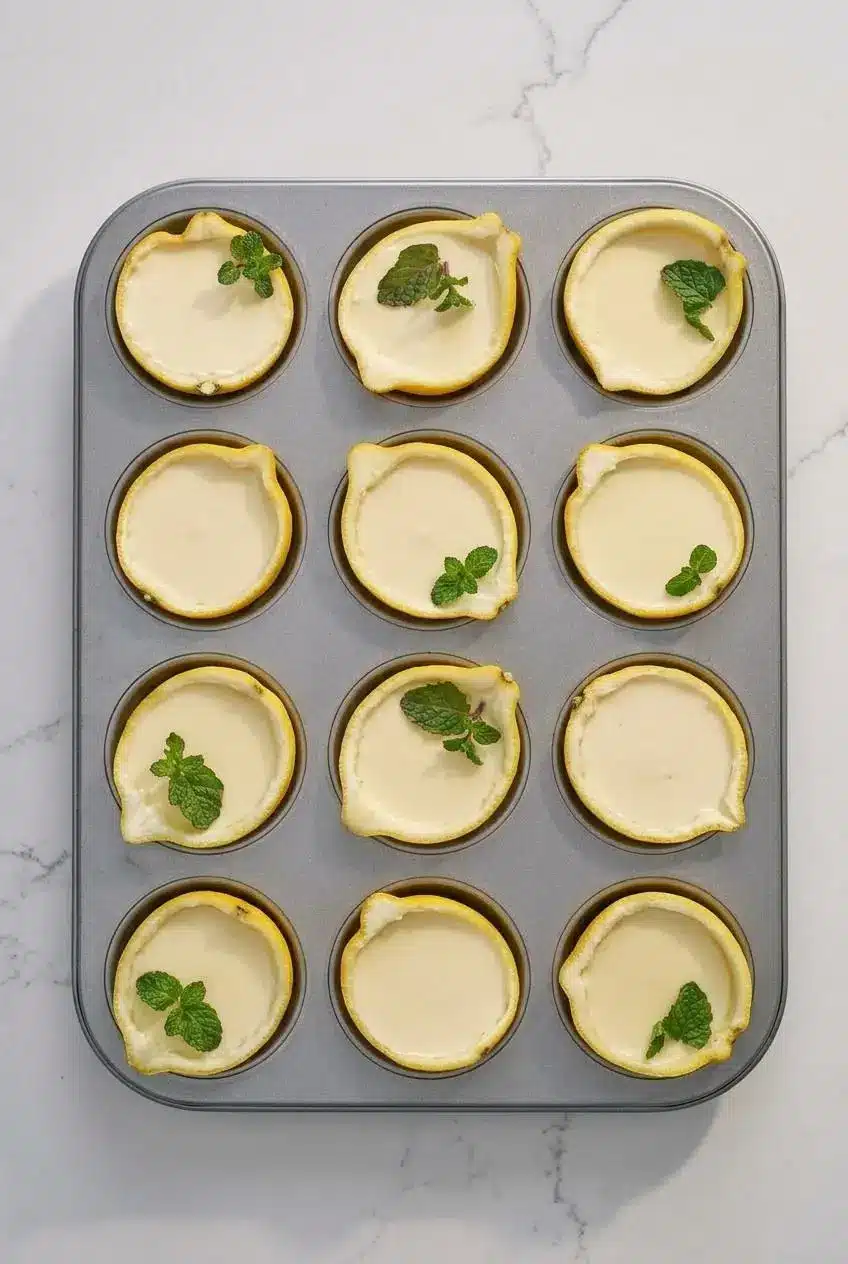 Filled lemon posset halves nestled safely inside muffin tin cups on a counter before refrigerator chilling.